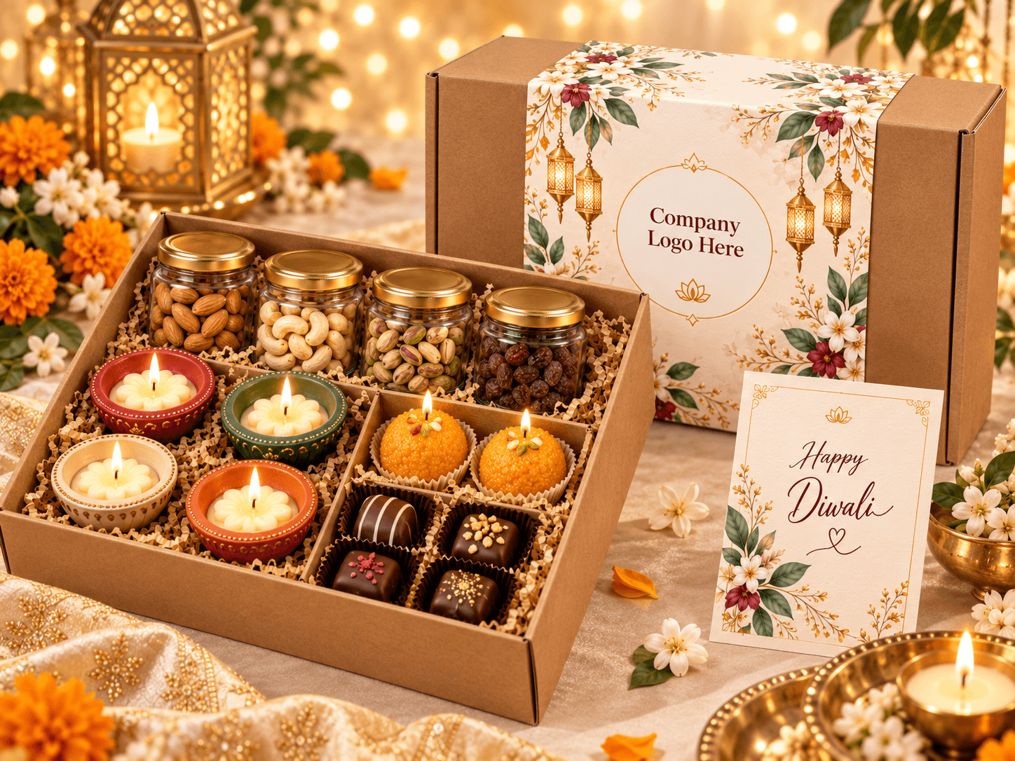 Large Diwali hamper with six candles, dry fruit jars, roasted nuts, namkeen and cookies