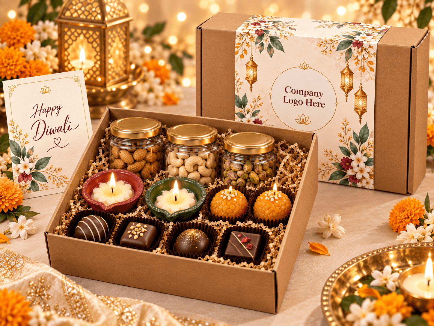 Medium Diwali hamper with four candles, dry fruit jars, namkeen and cookies
