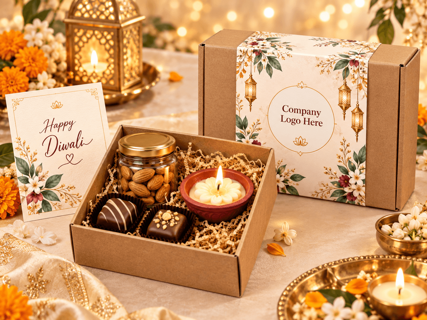 Mini Diwali hamper with one candle, a dry fruit jar, chocolates and a greeting card