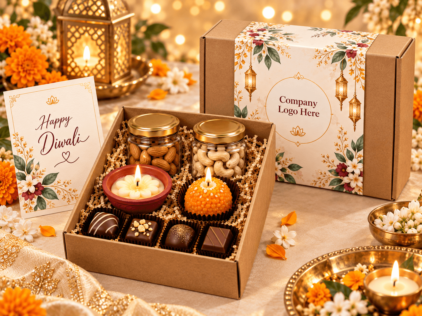 Small Diwali hamper with two candles and two dry fruit jars