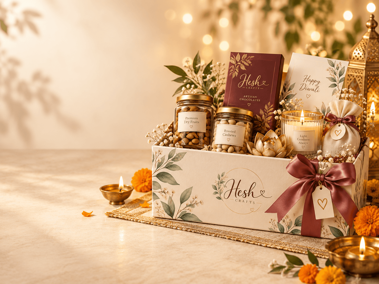 A customised Hesh Crafts Diwali hamper with a kraft gift box, dry fruit jar, candle and greeting card